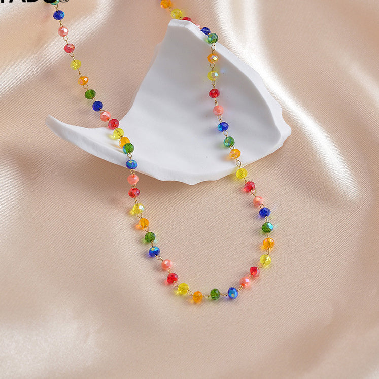 Collar de perlas de perlas de cadena de cristal de color de doble capa de acero de titanio al por mayor